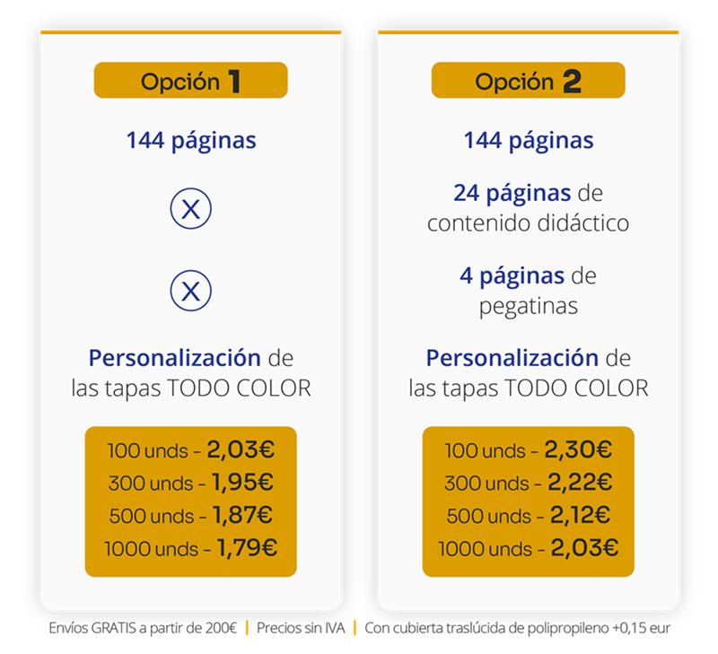 Agendas escolares 1 tabla precios